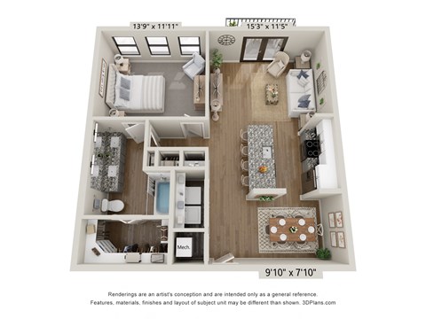 Floor plan for 1 bed, 1 bath, 930 sqft